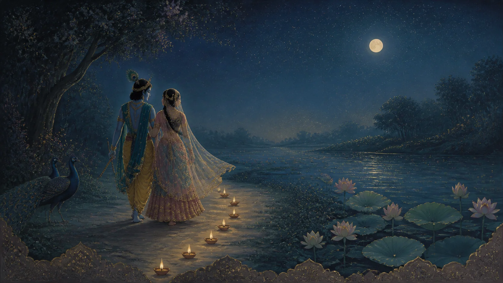 Radha and Krishna walking together along a moonlit lotus path
